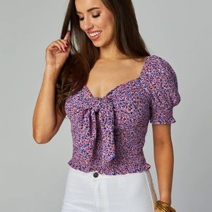 MILLIE SMOCKED TIE FRONT TOP - DITZY PURPLE